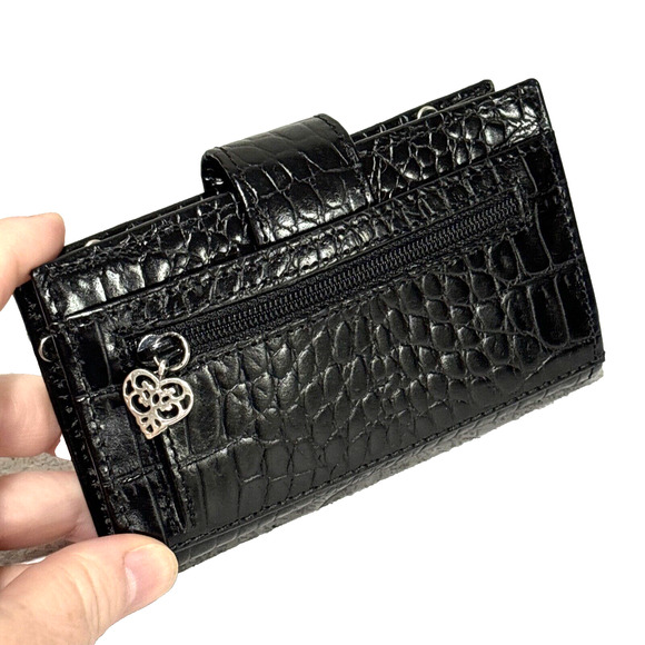 Brighton Black Leather Wallet Moc Croc Textured Card ID Bifold Coin Purse Silver - Picture 2 of 9